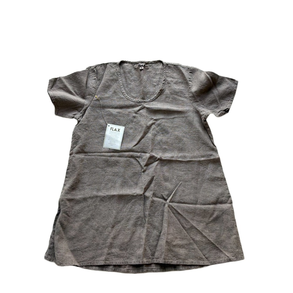FLAX 100% Linen Tunic Top Womens M Taupe Brown Short Sleeve Scoop Neck NWT Lagen